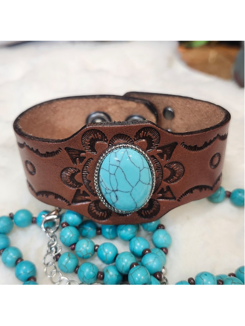 Plunder leather Bracelet Matching Necklace Turquoise color beaded Jewelry - Picture 2 of 6